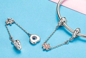 Pandora Compatible 925 sterling silver Love Heart & Flower Safety Chain From CharmSA Image 2