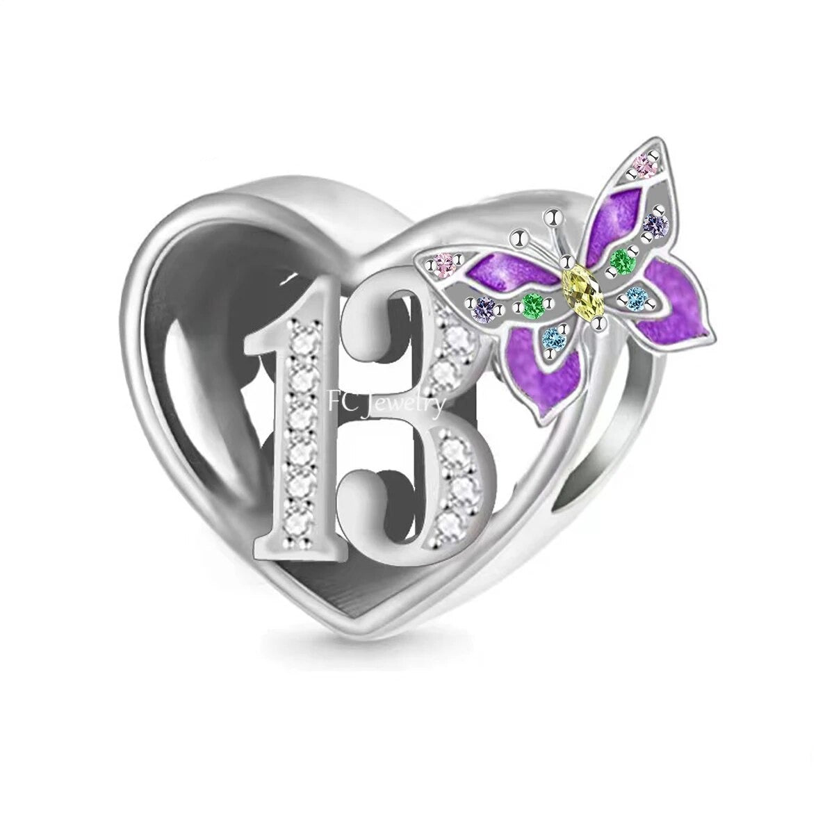 Butterfly Birthday Numbers charm with the number 13, featuring sparkling cubic zirconia, vibrant enamel, and an elegant purple butterfly.