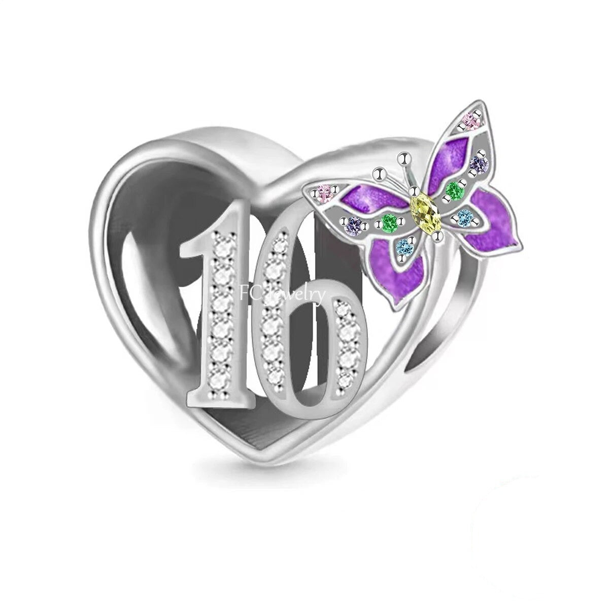 Butterfly Birthday Numbers Charm with the number 16 adorned with cubic zirconia and purple butterfly on a heart-shaped frame