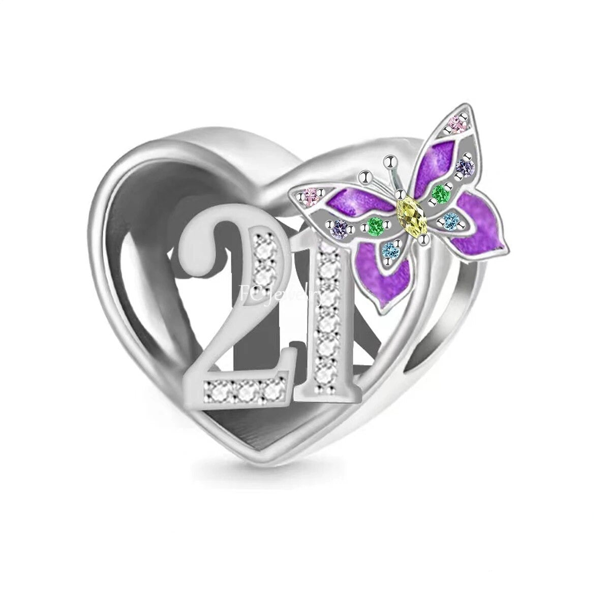 Butterfly Birthday Numbers charm with purple butterfly, cubic zirconia-encrusted number 21, and heart shape.