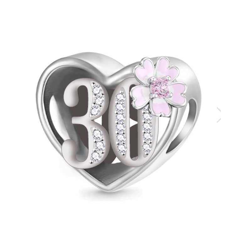 Sterling silver heart-shaped charm with "30" adorned with Cubic Zirconia and pink floral detail | Fits major charm bracelets like Pandora and Trollbeads