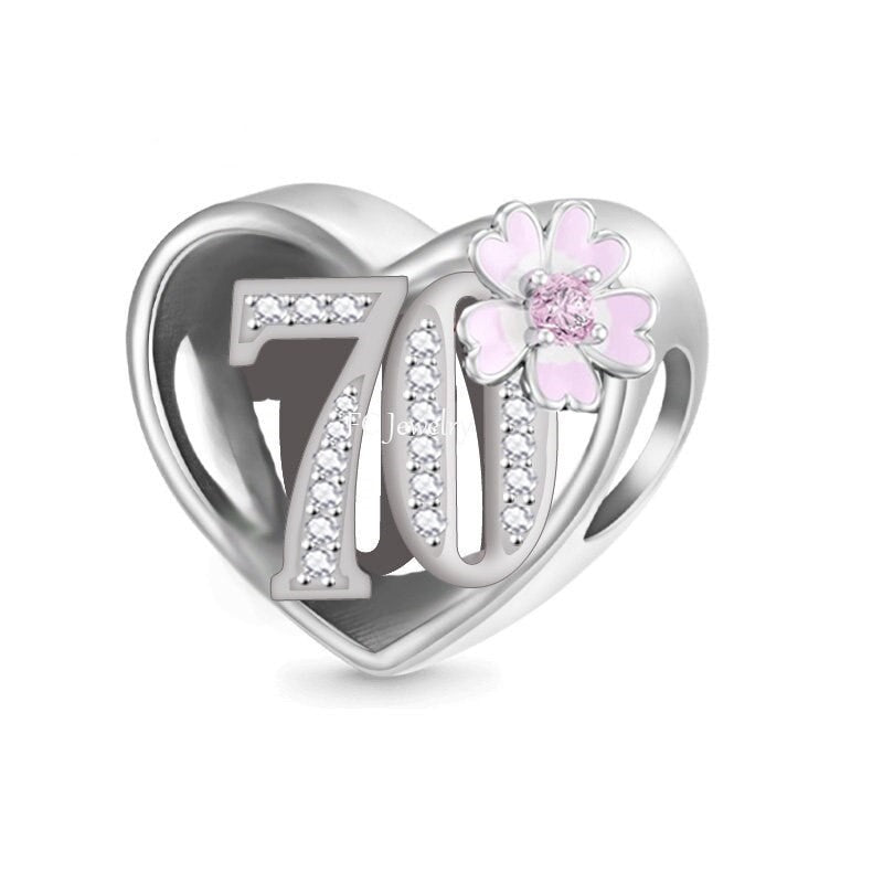 Sterling silver floral birthday charm with 70 number and cubic zirconia, compatible with Pandora and Trollbeads bracelets.