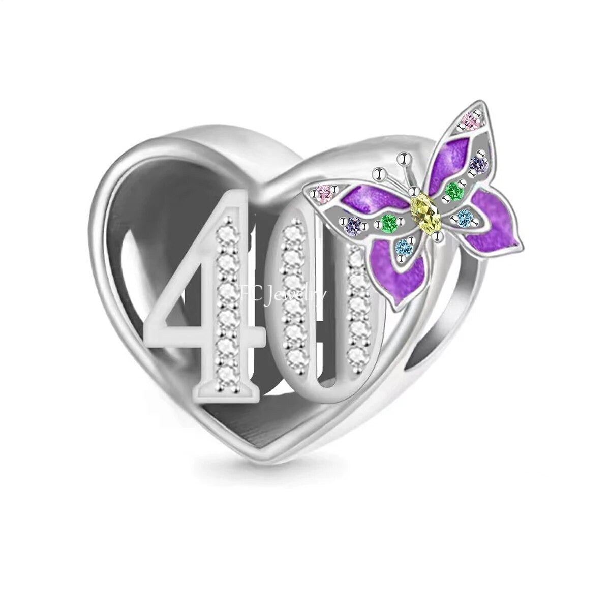 Butterfly birthday charm with number 40, adorned with cubic zirconia and vibrant purple butterfly on a heart-shaped setting.