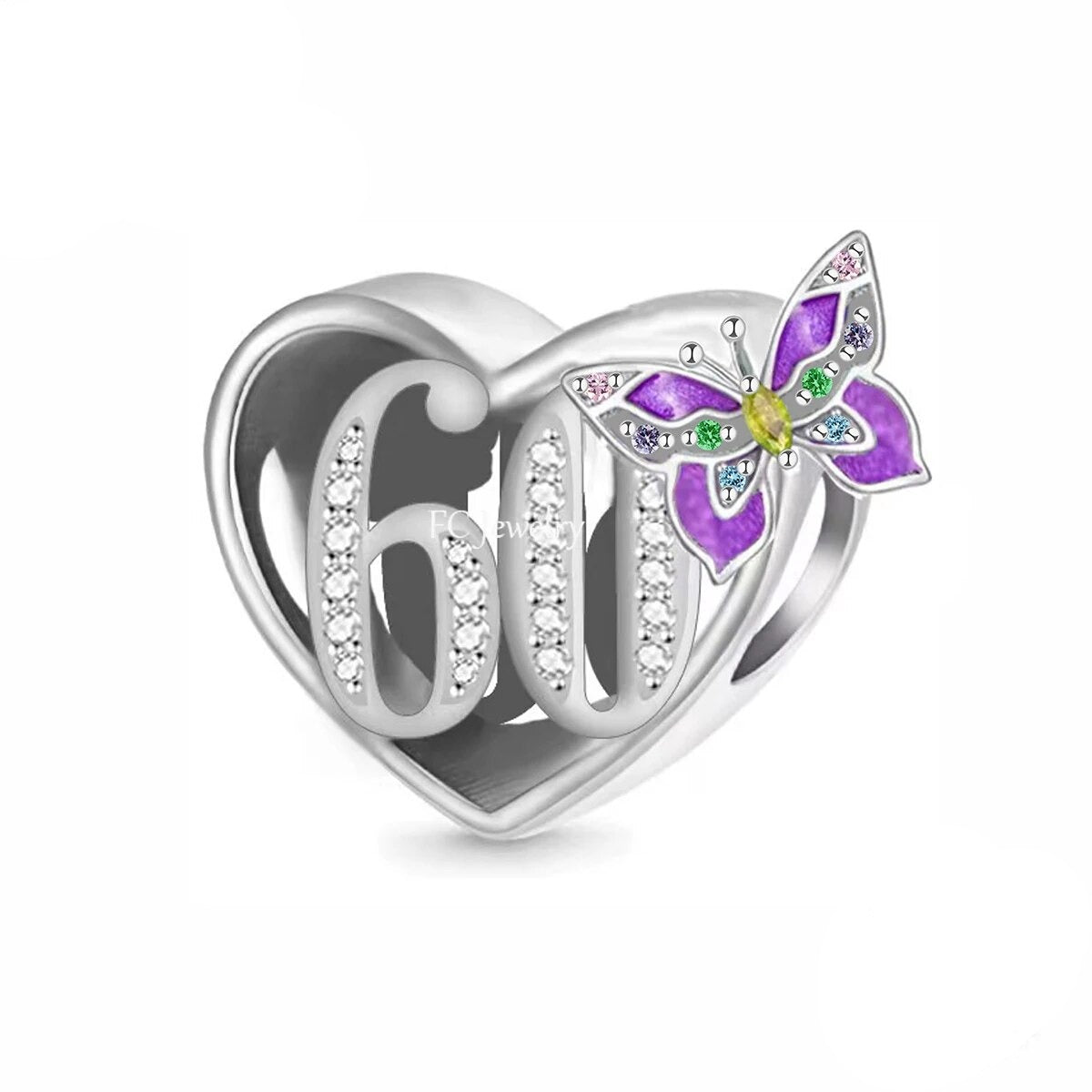 Butterfly Birthday Numbers Charm with cubic zirconia and enamel, featuring the number 60 and a purple butterfly on a heart-shaped pendant