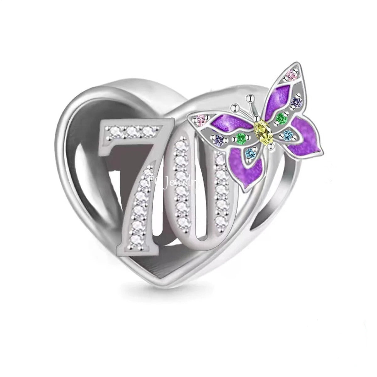 "Silver butterfly birthday charm with number 70, adorned with cubic zirconia and vibrant purple enamel, set against a heart background"