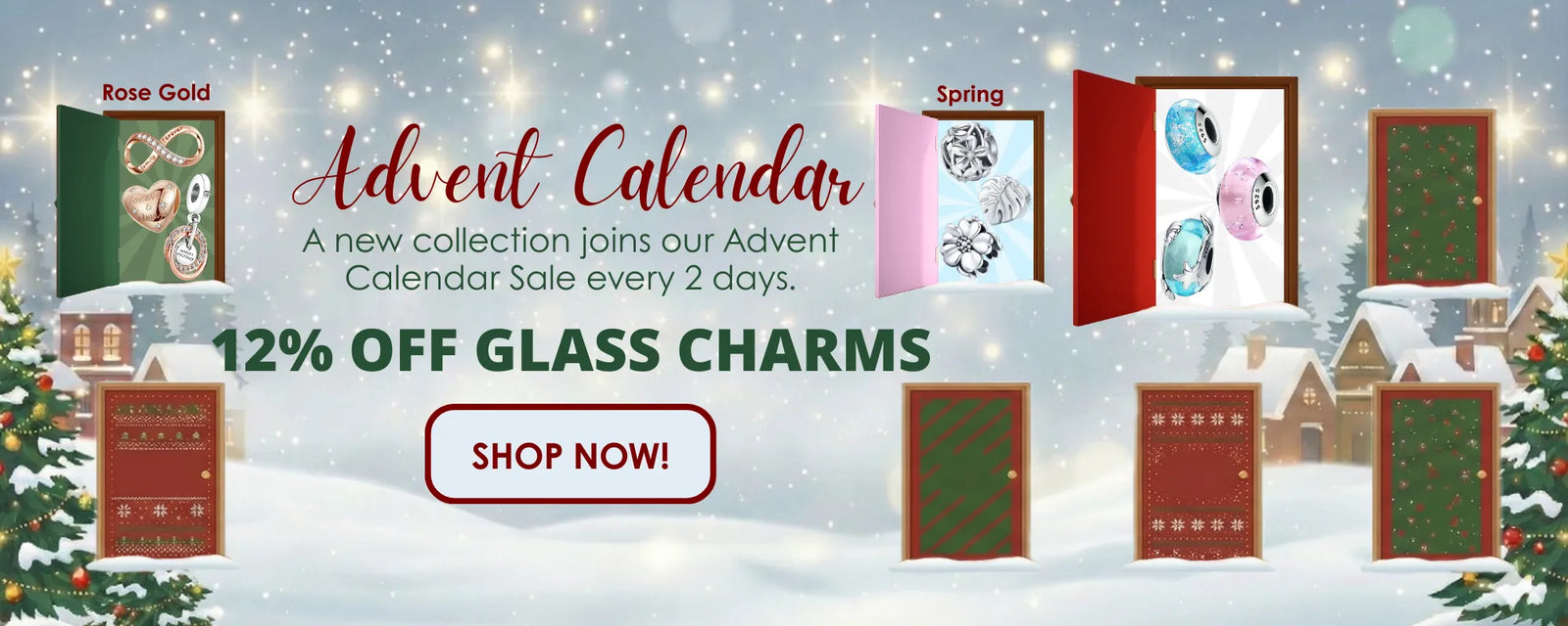 Advent calendar with glass charms on a snowy background, promotional text for a sale.