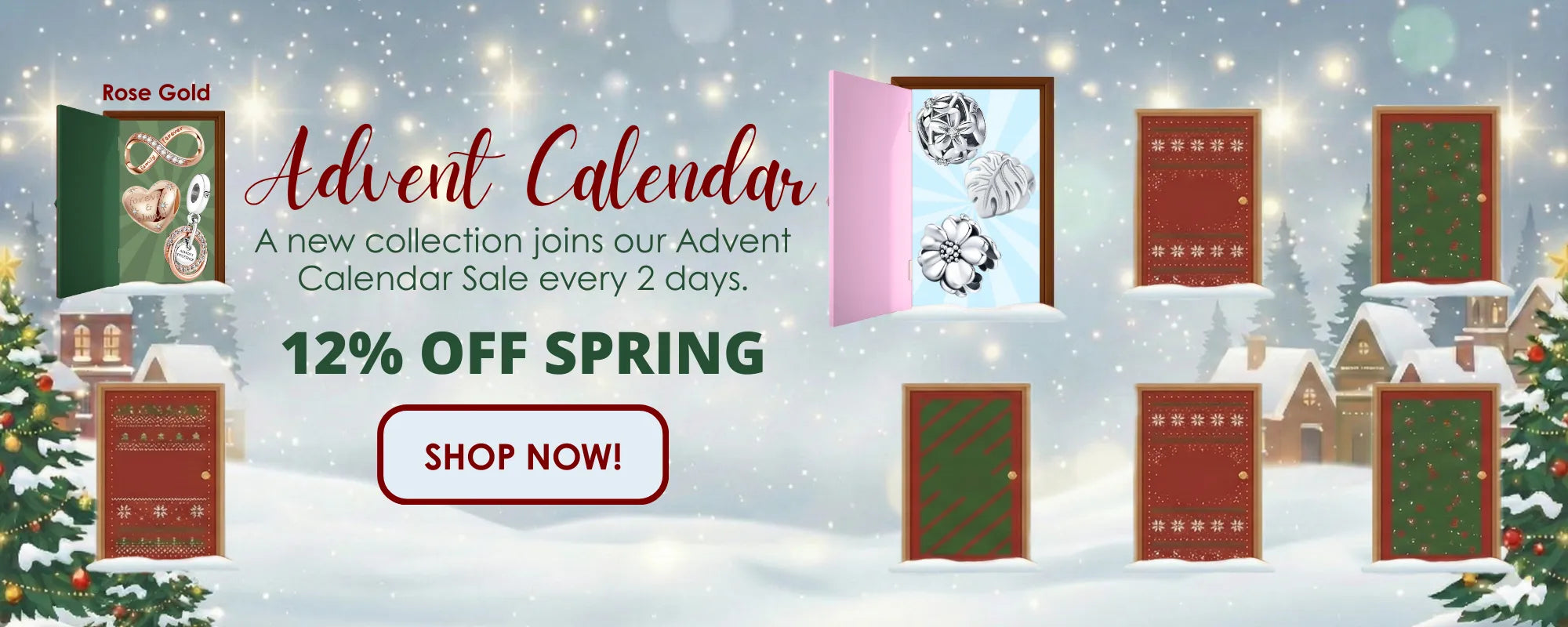 Advent calendar promotion with snowy village background and Christmas trees.