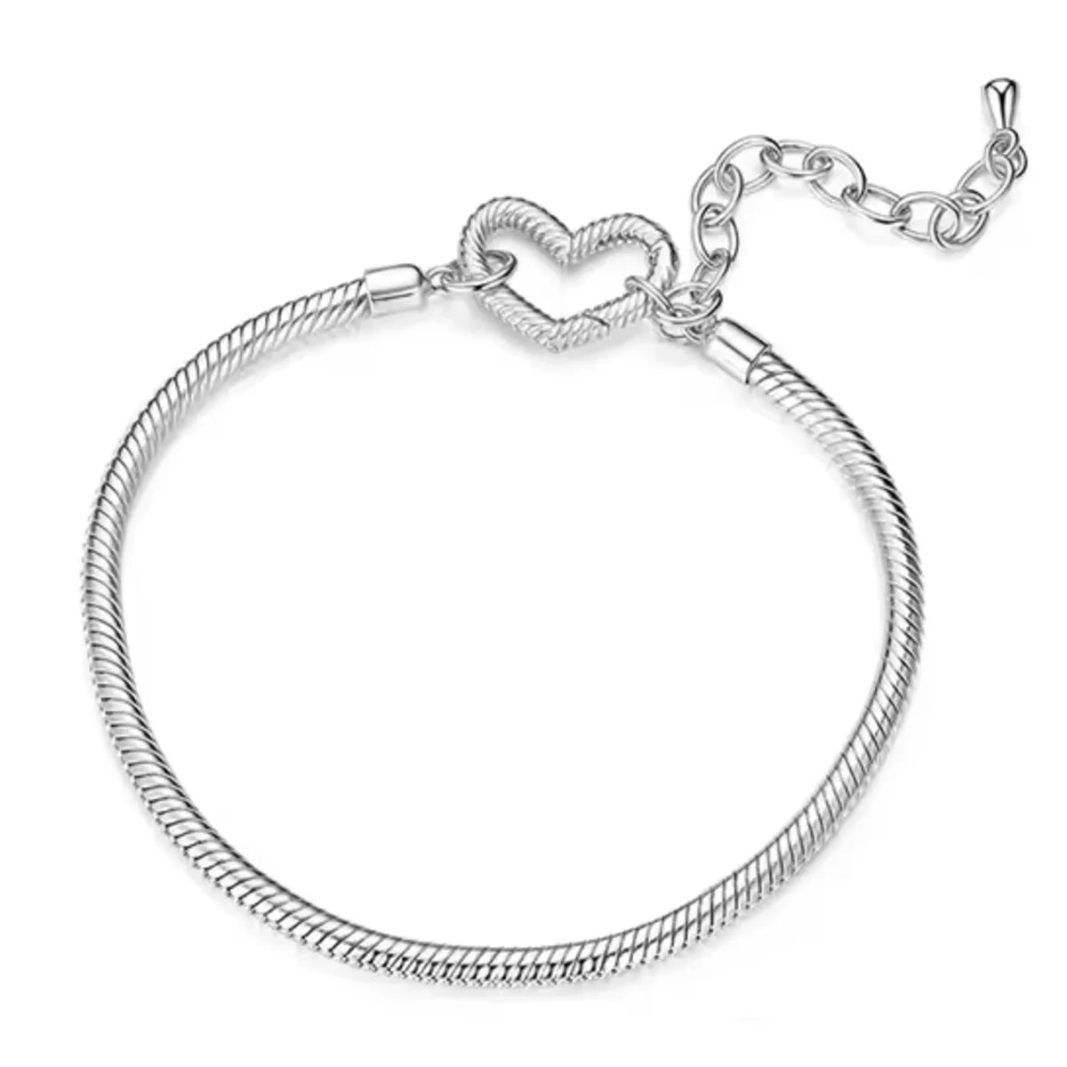 Silver bracelet with a heart-shaped clasp on a white background