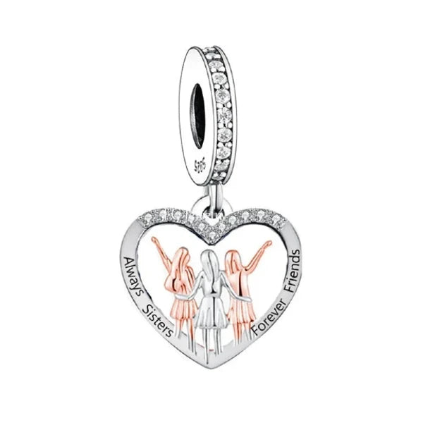 A sterling silver dangle charm featuring one silver girl and two rose-gold plated girls holding hands, forming a heart shape, with cubic zirconia accents.