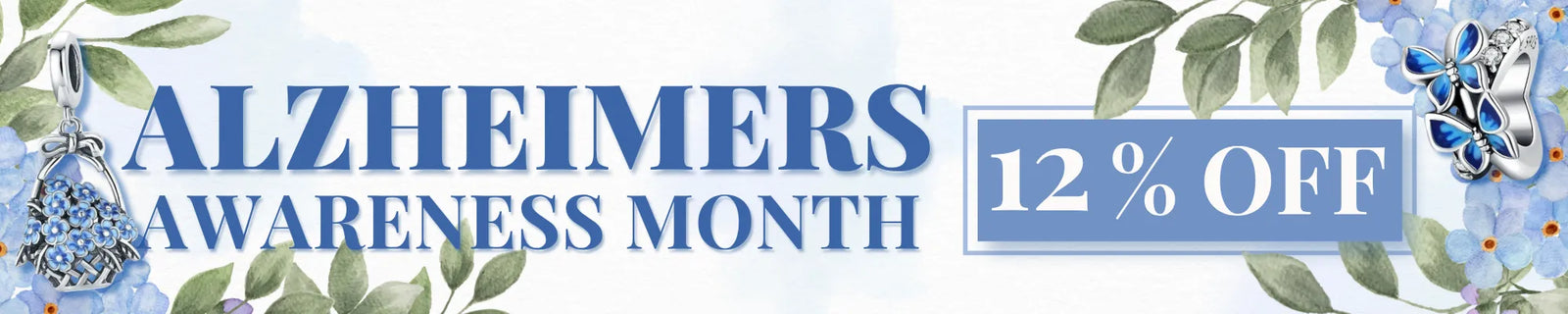 Promotional banner for Alzheimer's Awareness Month with large blue text, decorative floral and leaf illustrations, and a blue badge reading '12% OFF'.
