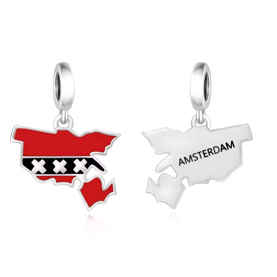 Bold, edgy, and undeniably cool, this Amsterdam dangle charm captures the essence of the city with its iconic red, black, and white flag design! Shaped like the city map and featuring the triple Xs of Amsterdam’s emblem, this charm is a stylish tribute to one of Europe’s most vibrant destinations.
