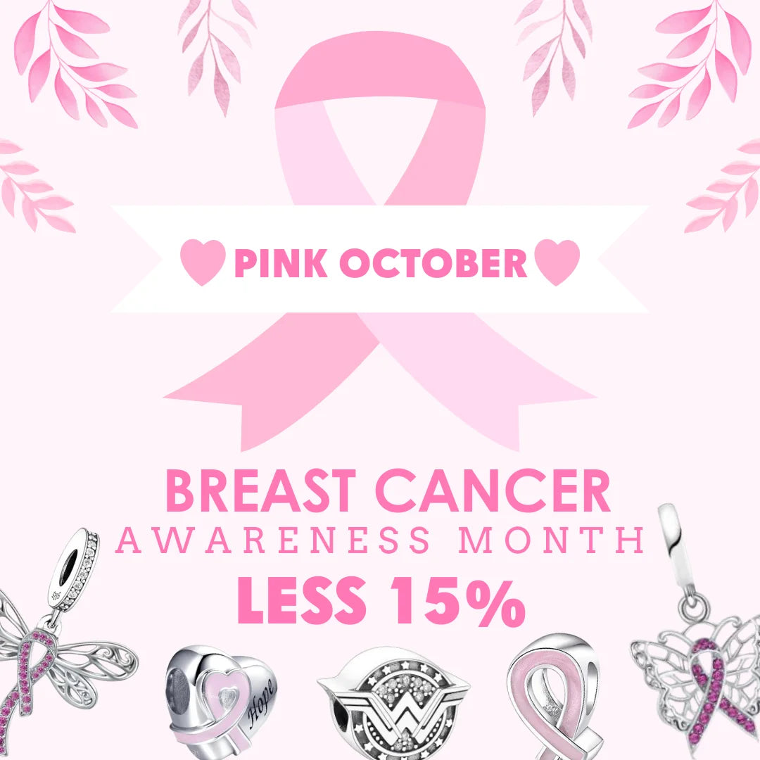 Pink breast cancer awareness ribbons and charms on a pink background with 'Pink October' text.