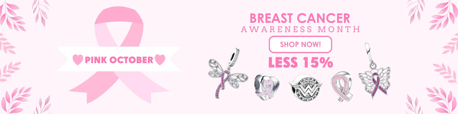 Promotional banner for breast cancer awareness with pink ribbons and jewelry, featuring 'Pink October' and a discount offer.