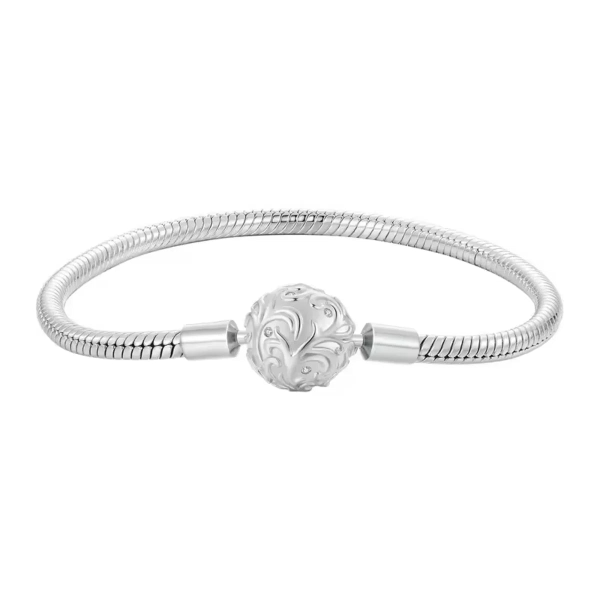 Silver bracelet with a decorative clasp on a white background