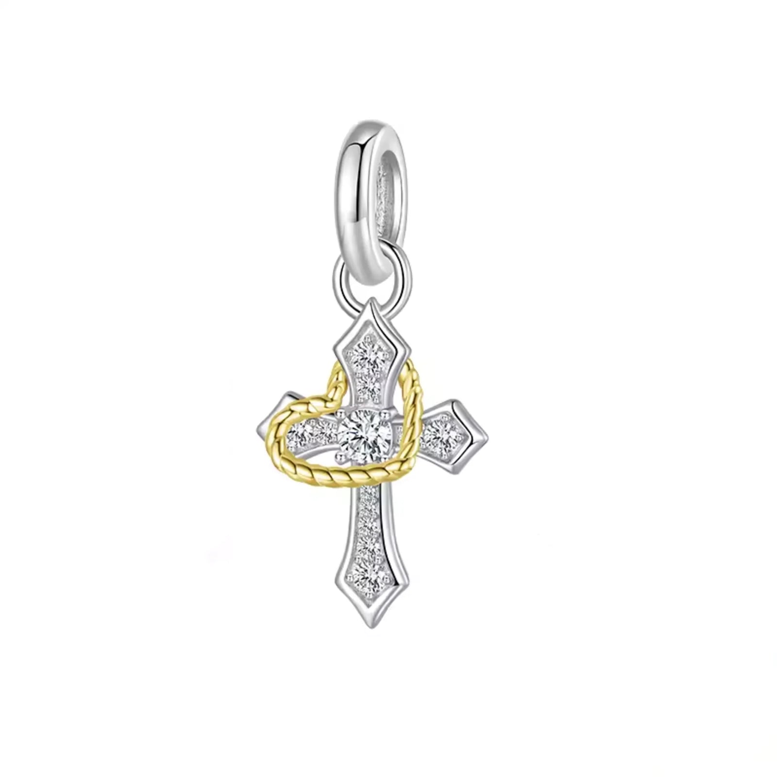 Two-tone cross pendant with heart design on a white background