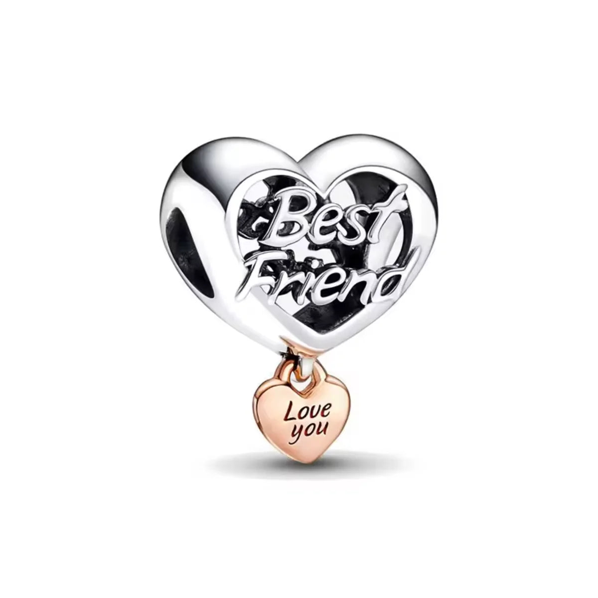 Celebrate your unbreakable bond with the&amp;nbsp;Best Friend Heart Dangle! This charm features a stunning open-heart design with the words “Best Friend” elegantly sculpted in the center. Hanging below is a sweet rose gold-plated heart engraved with “Love you” the perfect finishing touch to show just how much your bestie means to you.