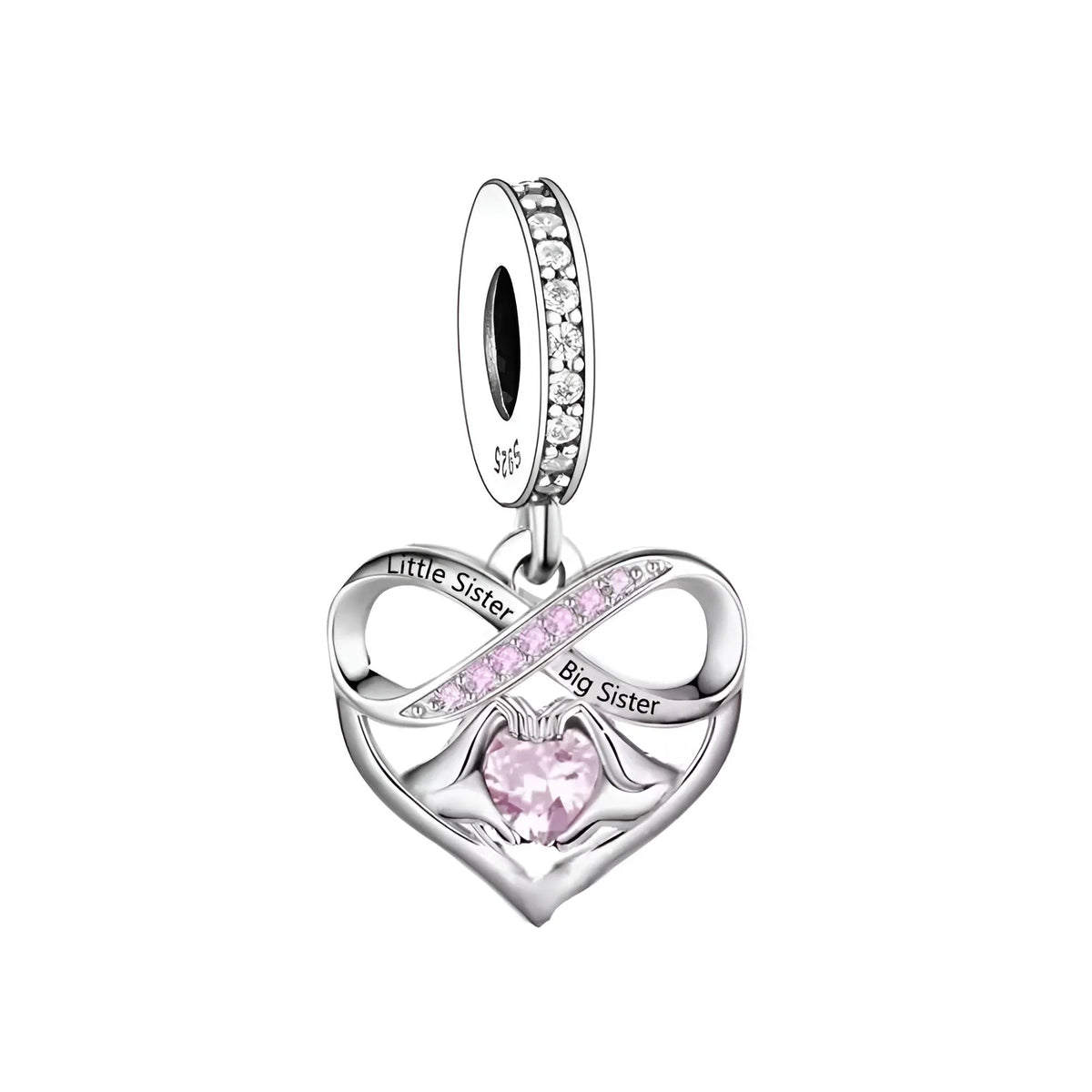 Silver charm with pink heart and 'Little Sister' and 'Big Sister' text on a white background
