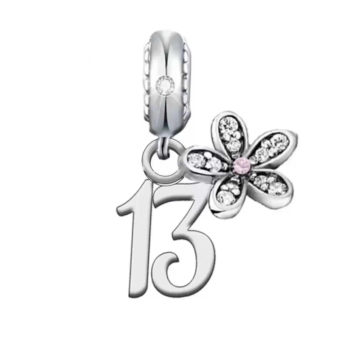 Silver charm with number 13 and flower design on a white background