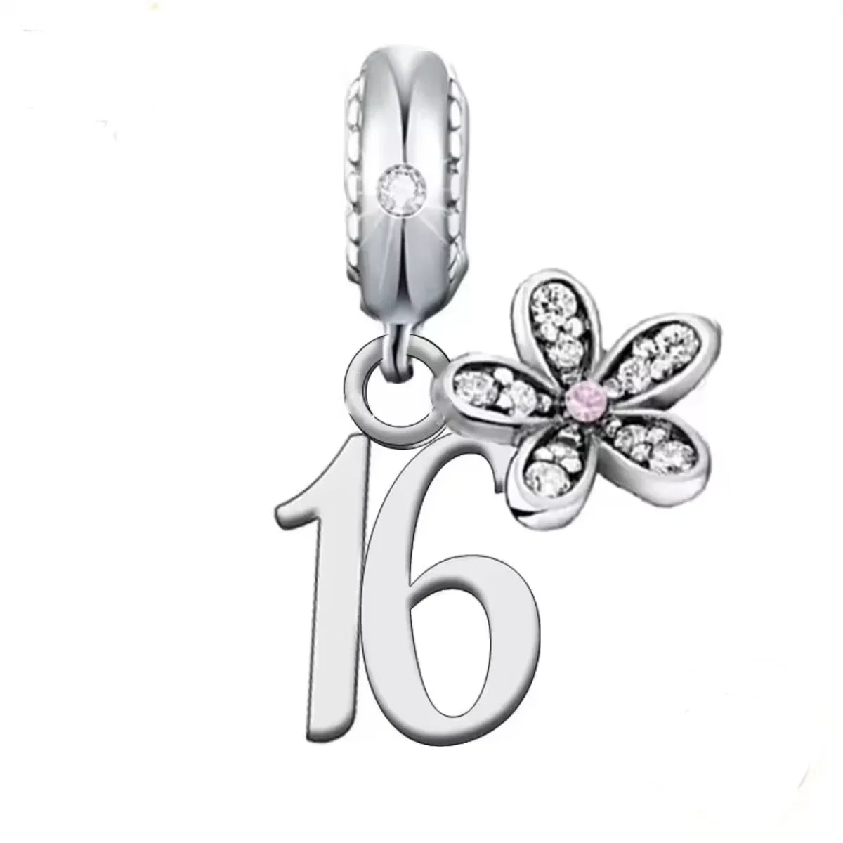 Silver charm with number &#39;16&#39; and flower design on a white background