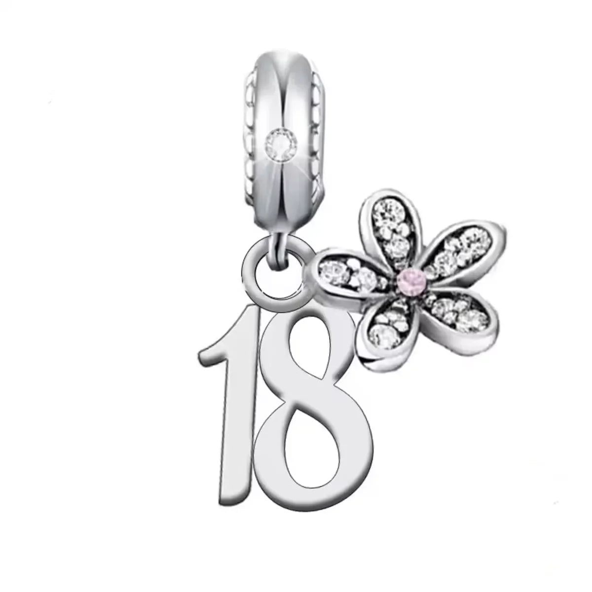 Silver charm with number 18 and flower design on a white background