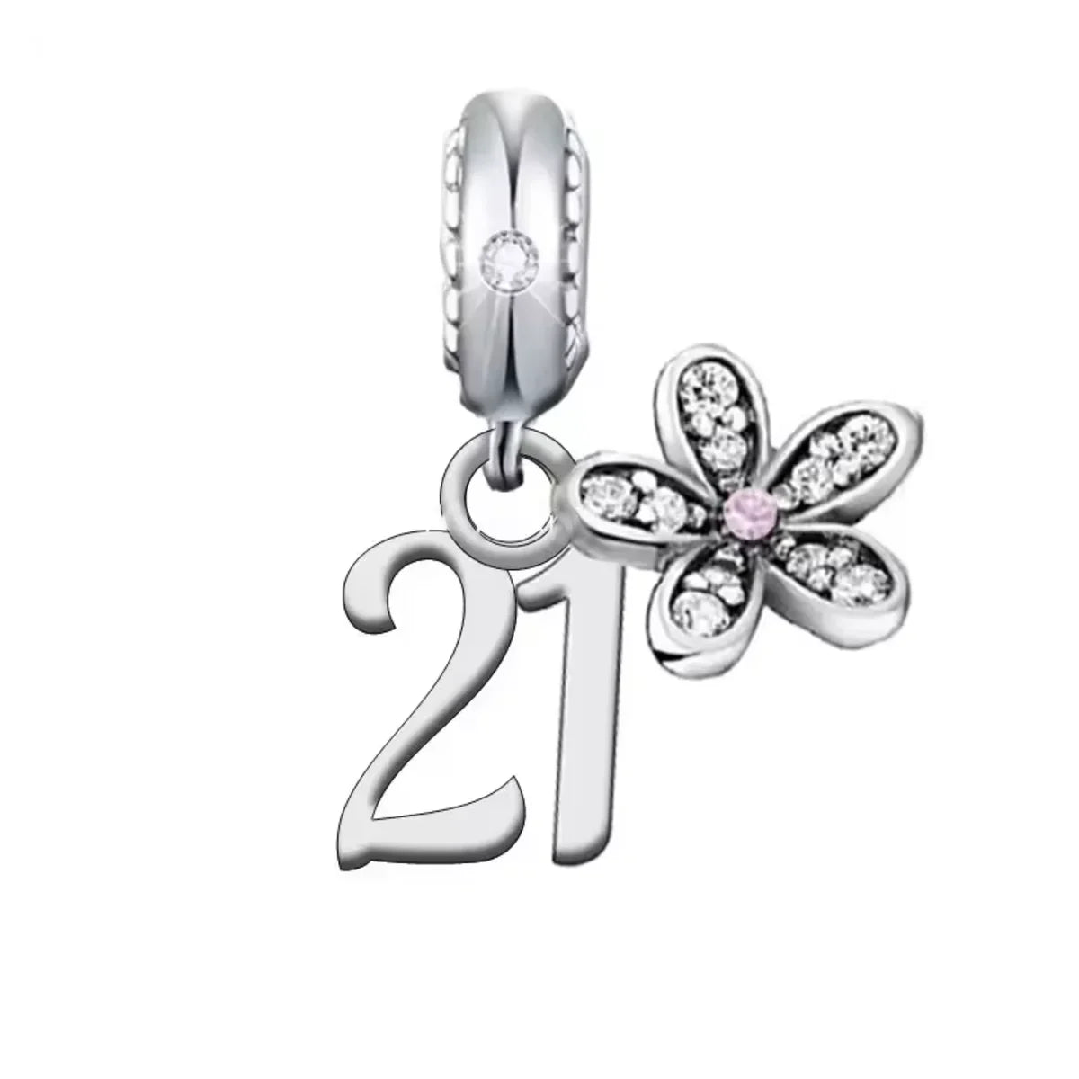 Silver charm with number &#39;21&#39; and flower design on a white background