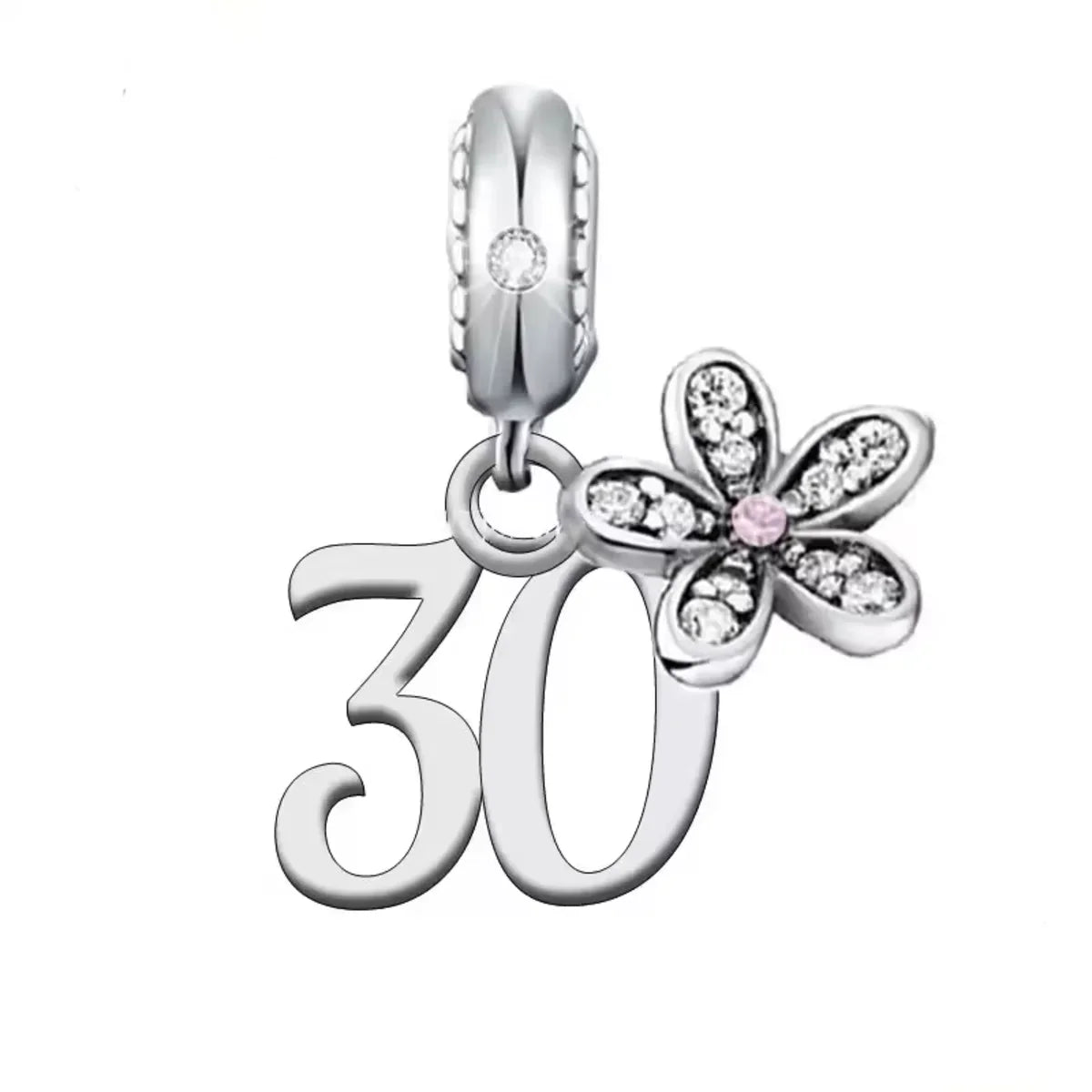 Silver charm with number &#39;30&#39; and flower design on a white background