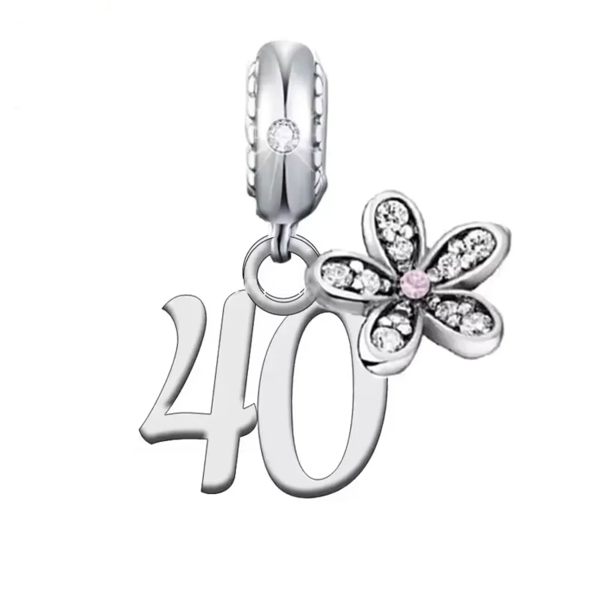 Silver charm with number &#39;40&#39; and flower design on a white background