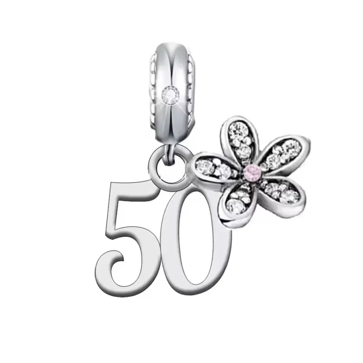 Silver charm with number 50 and flower design on a white background