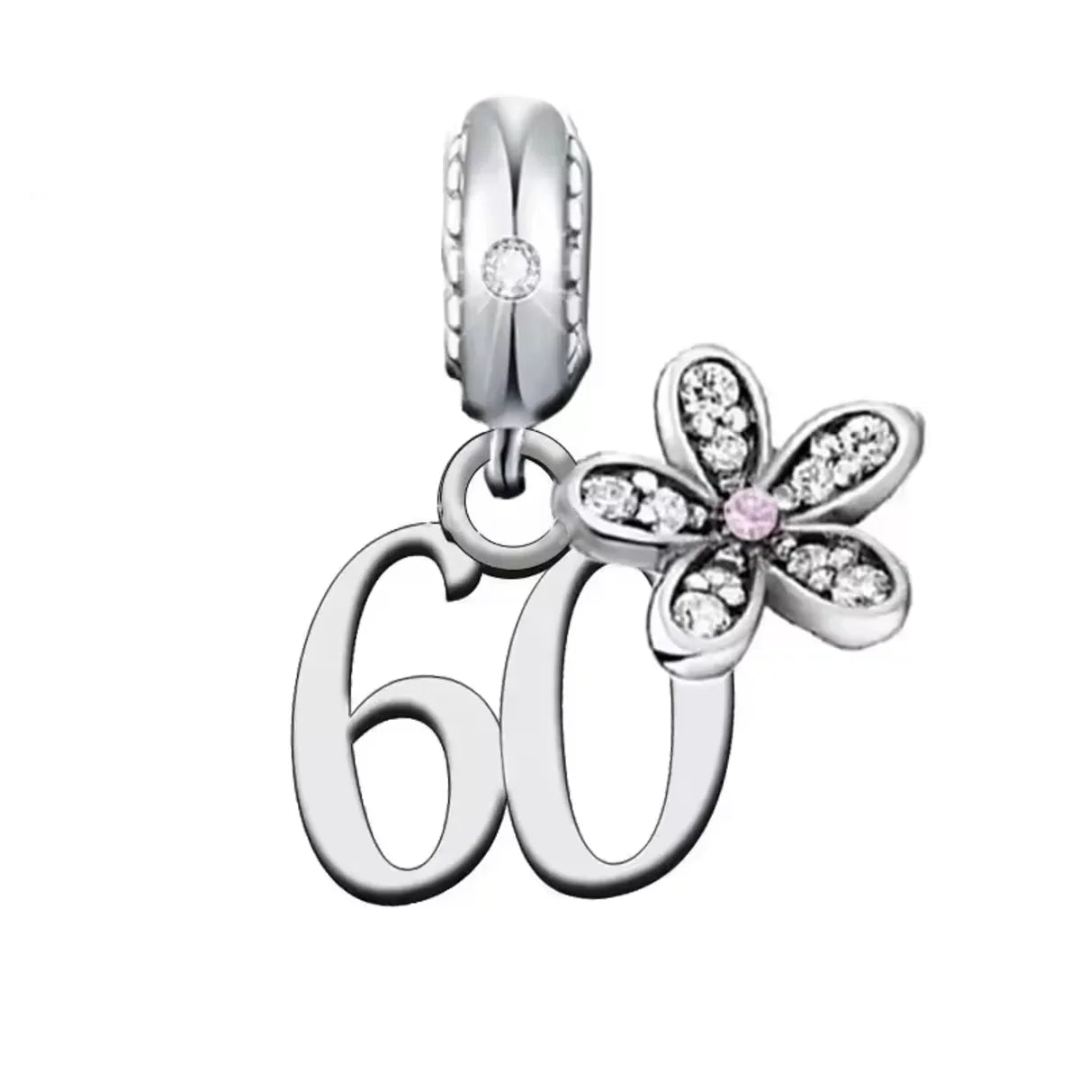 Silver charm with number '60' and flower design on a white background