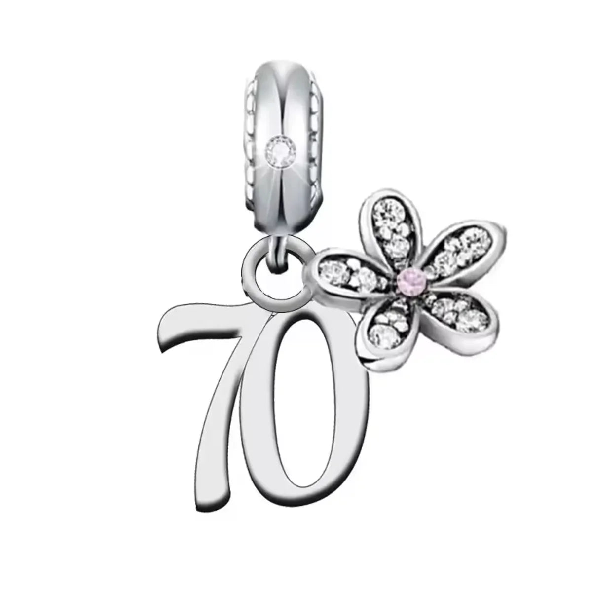 Silver charm with number '70' and flower design on a white background
