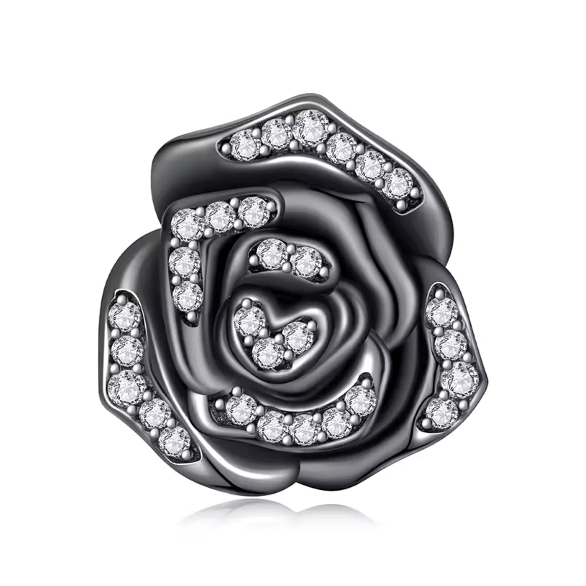Silver rose-shaped charm with embedded crystals on a white background