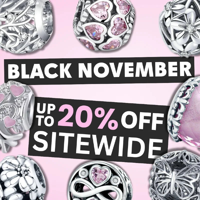 Jewelry charms on a pink background with 'Black November, Up to 20% Off Sitewide' sale text.