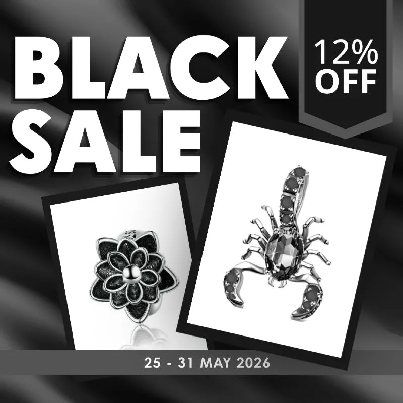 Black sale banner with Charms and promotional text on a black background