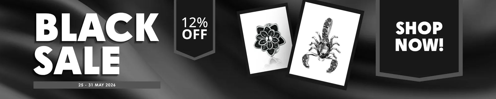 Black sale banner with Charms and promotional text on a black background