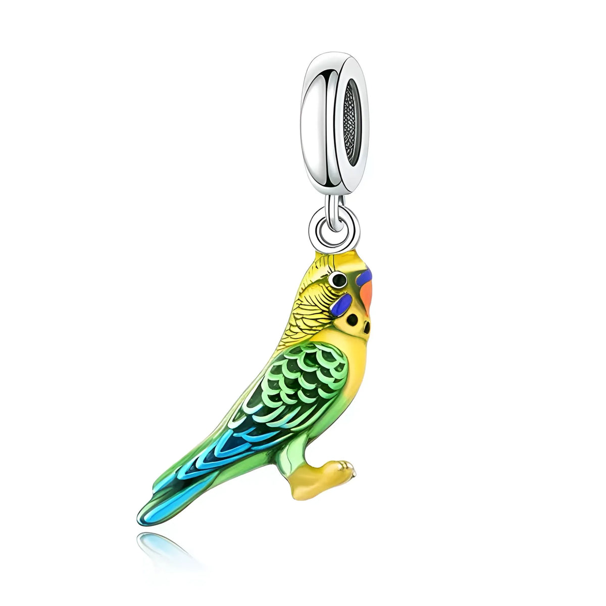 Bird-shaped charm with colorful design on a white background