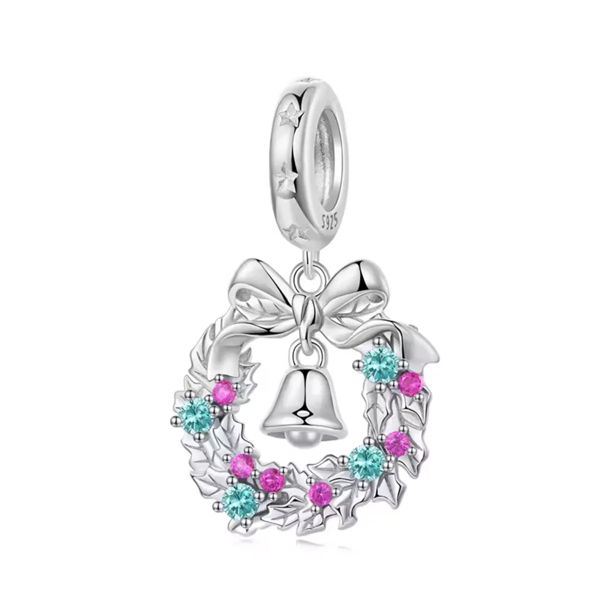 Silver charm with a wreath design featuring colorful stones on a white background