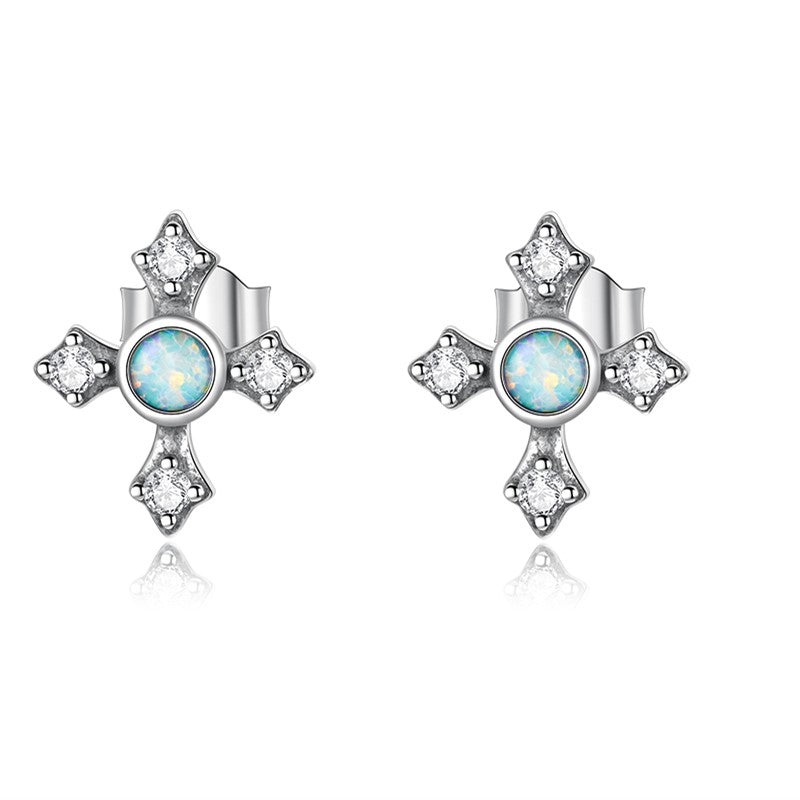 Vintage Opal Cross Stud Earrings | CZ