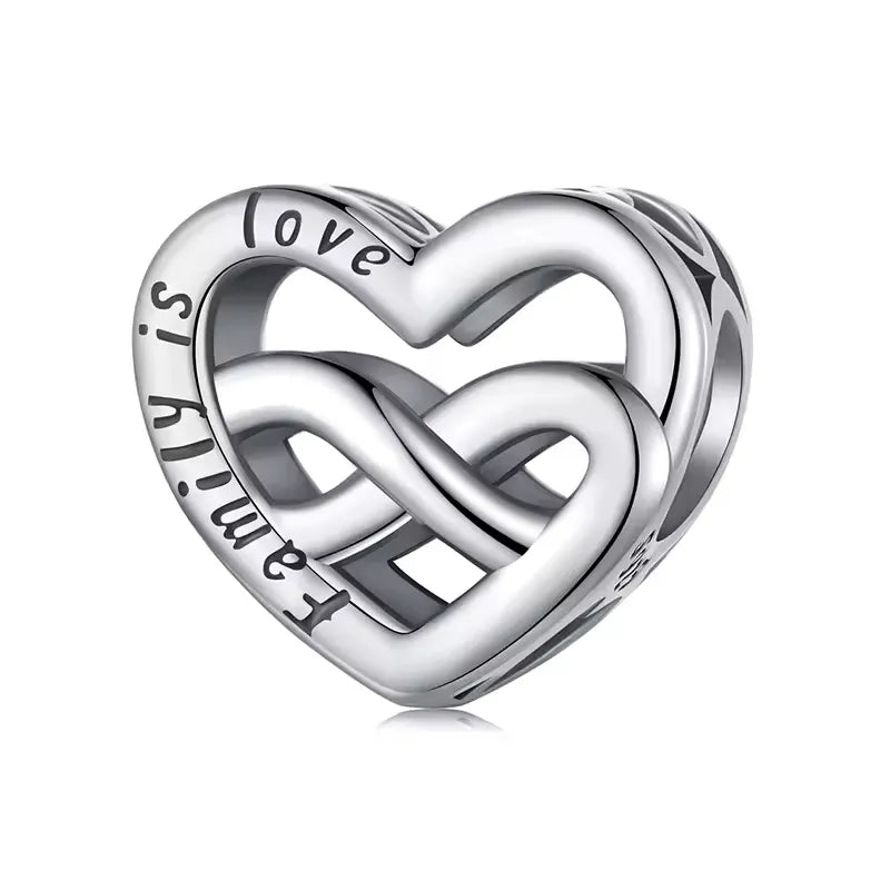 Sterling silver infinity heart charm engraved with &#39;Family is Love,&#39; symbolizing eternal family connections.