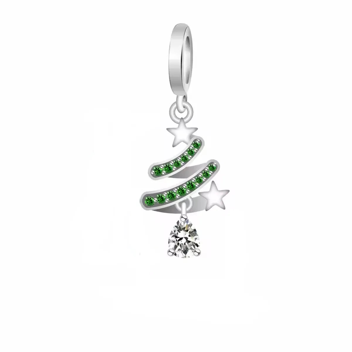 Silver Christmas tree charm with green gemstones and stars on a white background