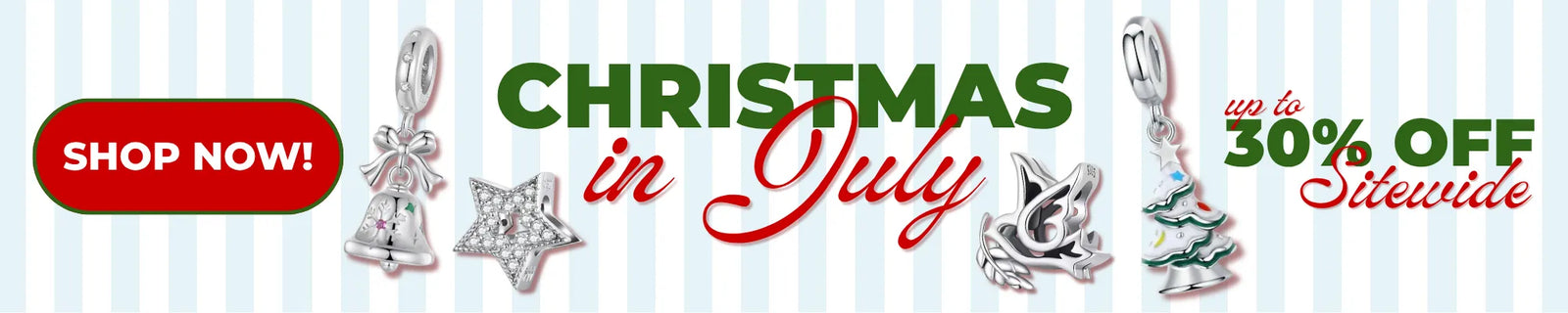 A promotional banner with the text 'CHRISTMAS in July' and 'up to 30% OFF Sidevote' on a white and light blue striped background, alongside several silver Christmas-themed charms including an angel, star, snowman, and tree.