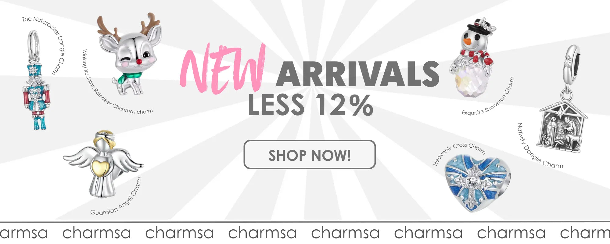 Promotional banner for new charm arrivals with various charms and a 'Shop Now' button.