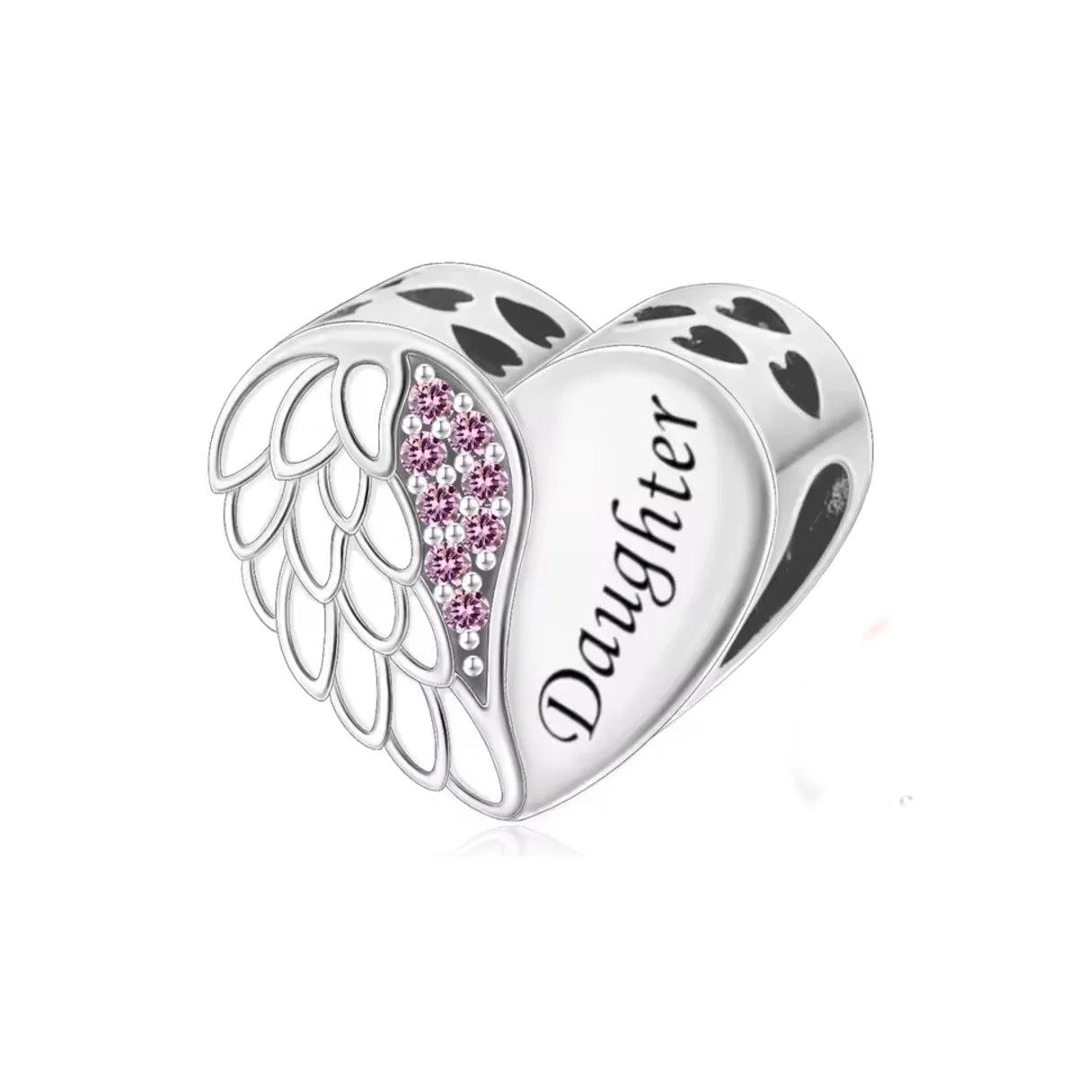 Silver heart-shaped charm with angel wings and &#39;Daughter&#39; engraving on a white background