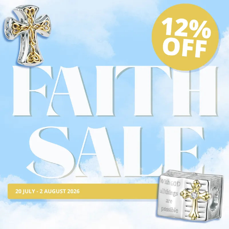 A promotional sale banner with the text 'FAITH SALE', '12% OFF', and 'SHOP NOW!' on a light blue background, with small angel and cross illustrations and a gift box graphic.