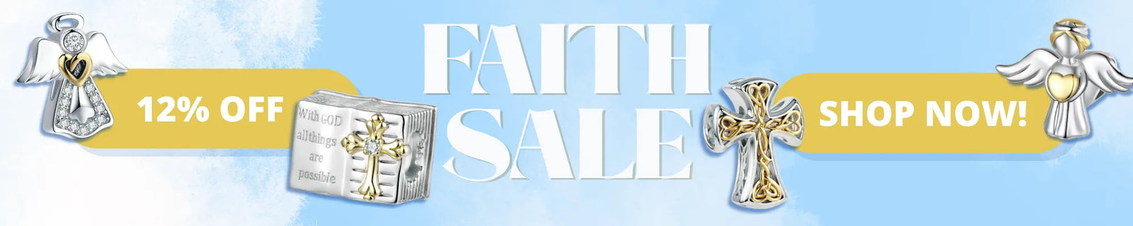 A promotional sale banner with the text 'FAITH SALE', '12% OFF', and 'SHOP NOW!' on a light blue background, with small angel and cross illustrations and a gift box graphic.