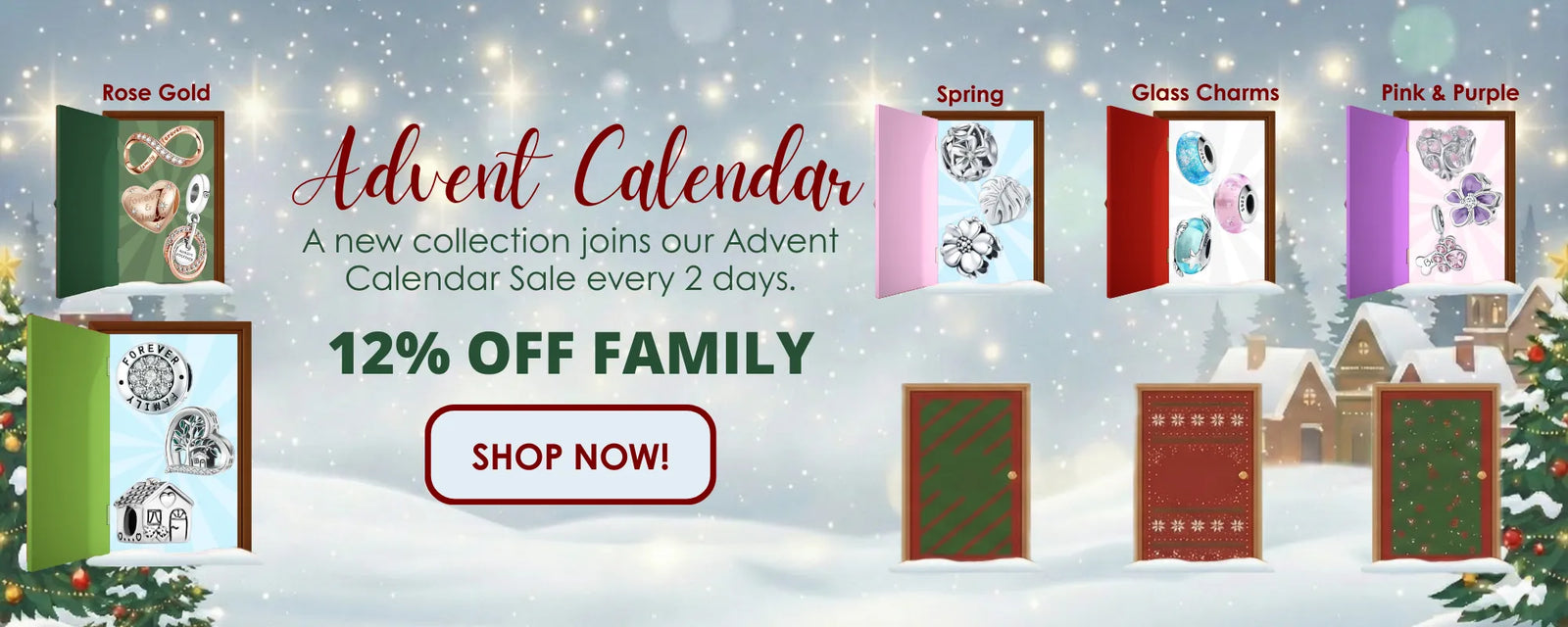 Advent calendar collection with promotional text on a snowy background