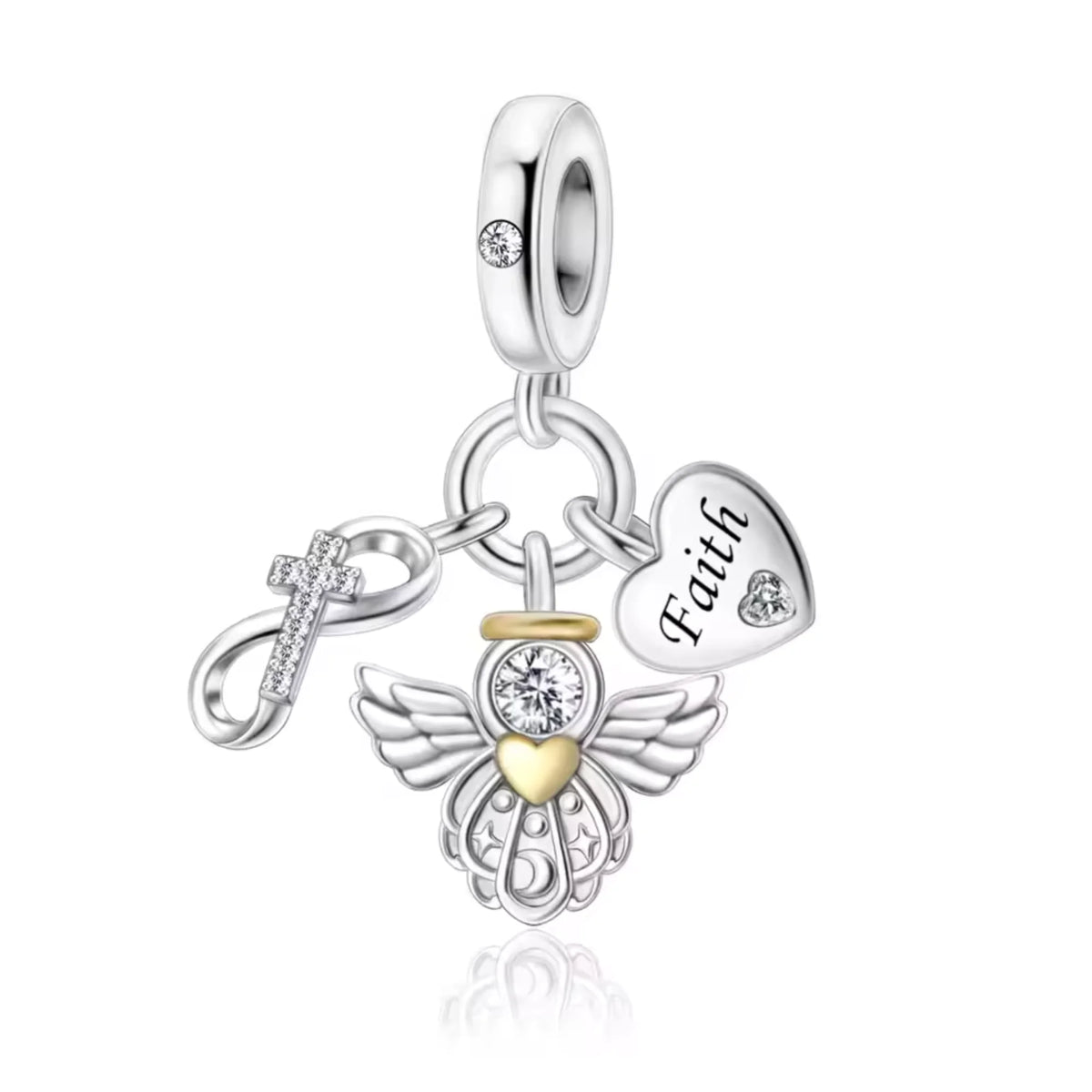 Silver charm with angel wing, cross, and heart with 'Faith' on a white background