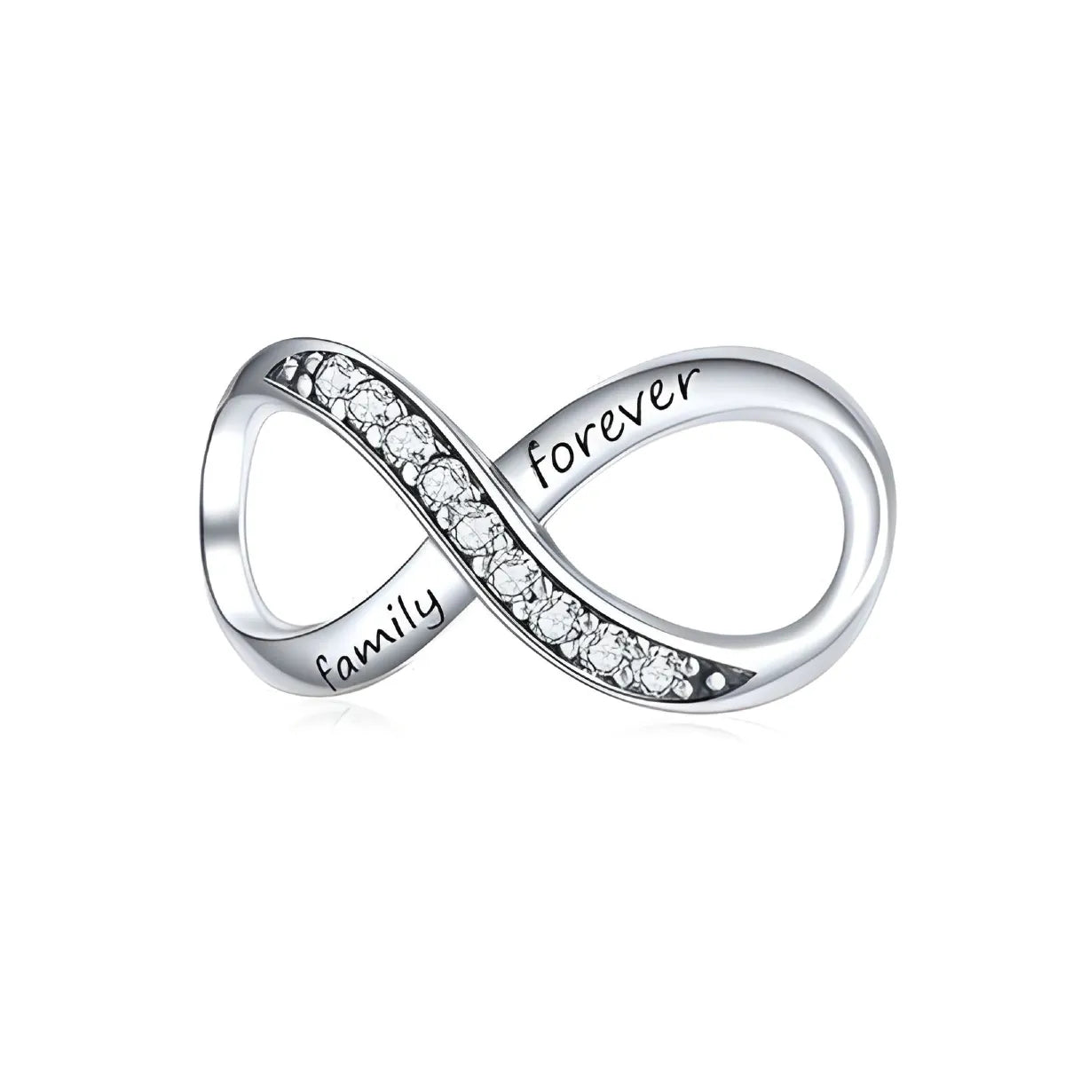 Silver infinity charm with &#39;family&#39; and &#39;forever&#39; engraving on a white background