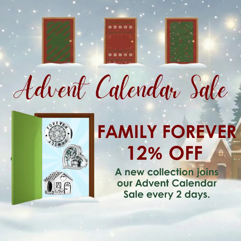 Advent Calendar Sale advertisement with jewelry display and snowy village background