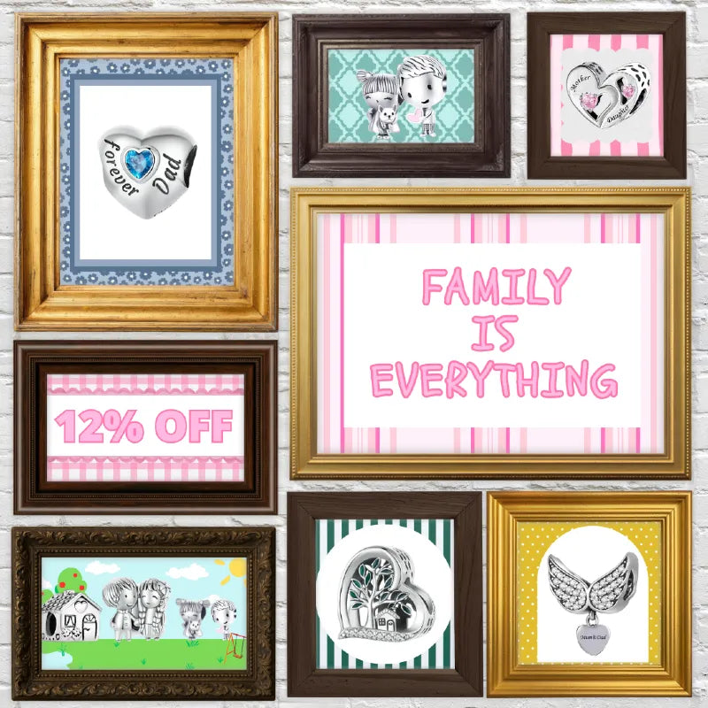 Collection of framed pictures on a brick wall with promotional text Family is Everything 12% Off.