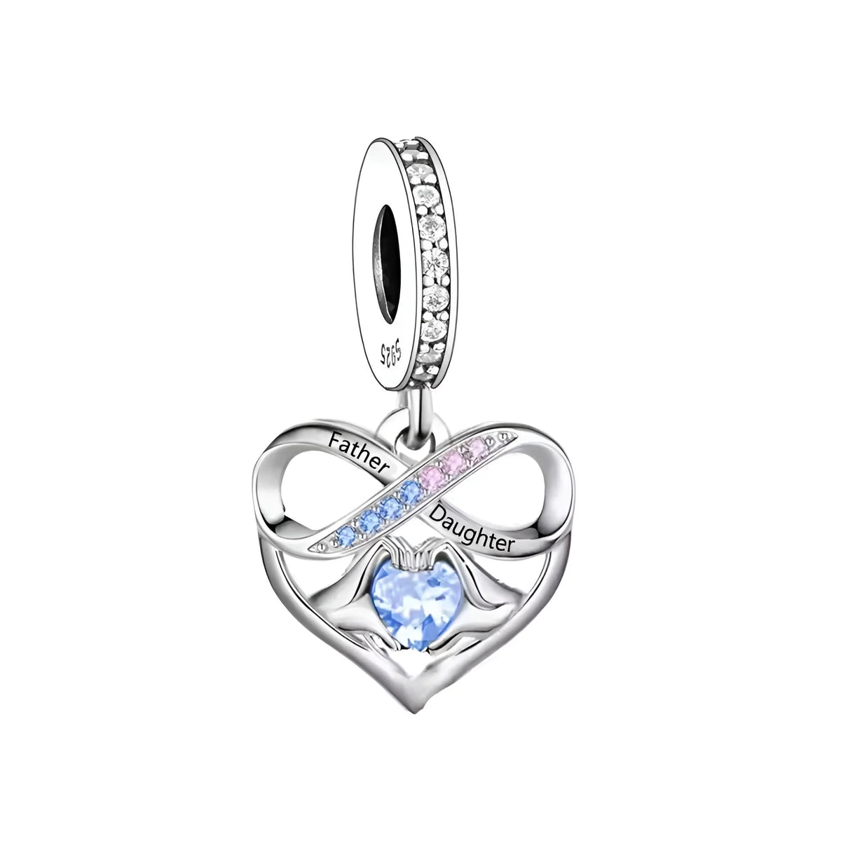 Heart-shaped silver charm with 'Father' and 'Daughter' text and colorful stones on a white background